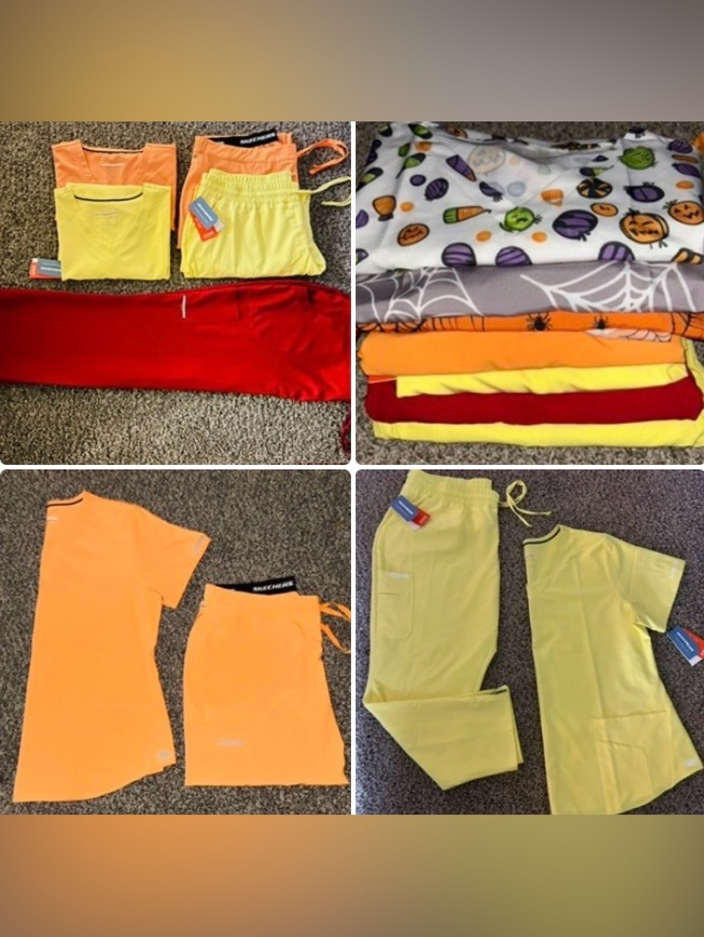 Sketchers Scrubs, 2x, 2 full sets (w/tags& NWOT) red pants + 4 Halloween tops